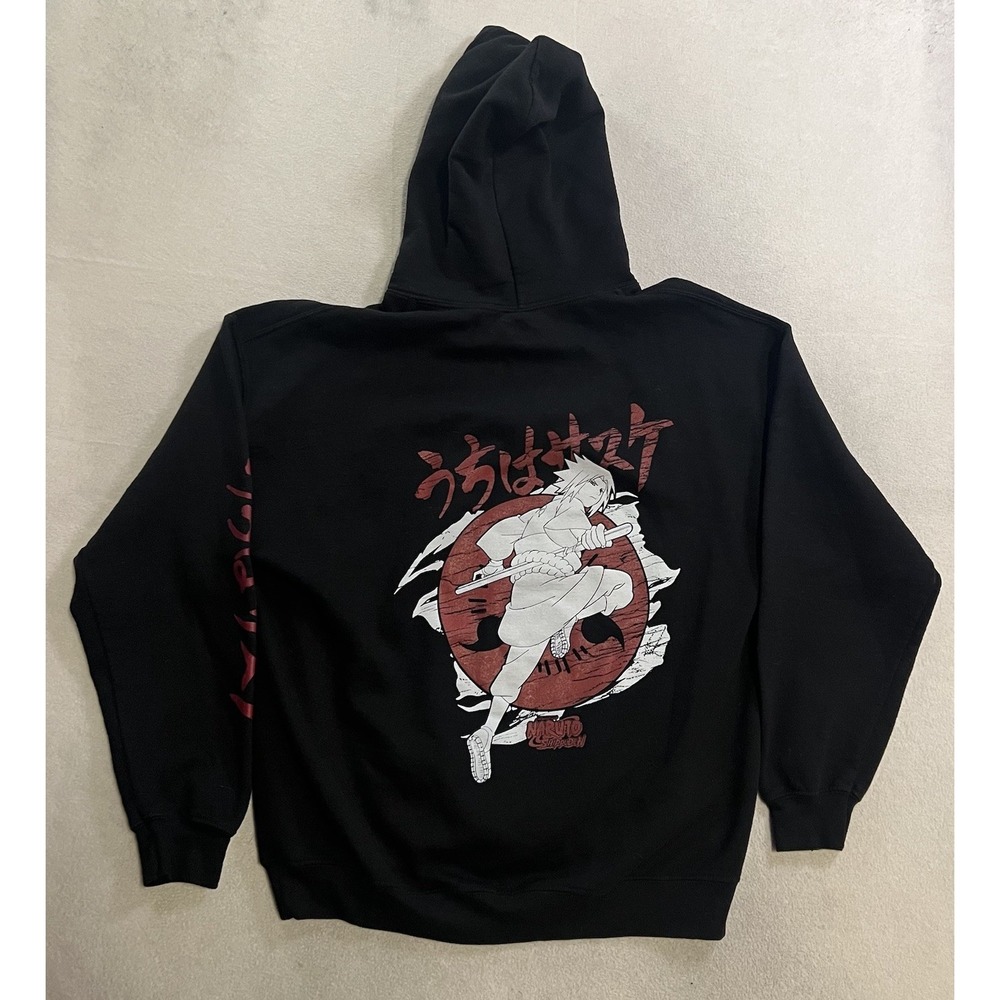Naruto Shippuden Sasuke Uchiha Hoodie Men's Size Large Black Sweatshirt Pullover